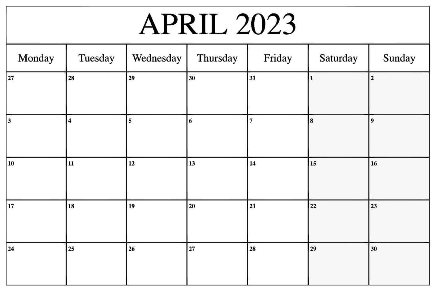 April 2023 Blank Calendar Printable Monday