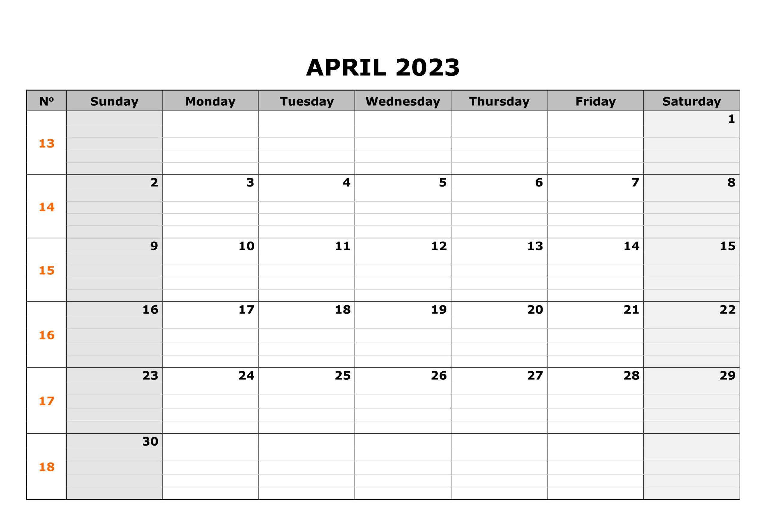 April 2023 Calendar Blank Template With Notes