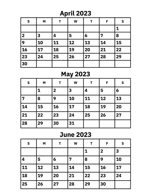 April May June 2023 Calendar Printable Templates