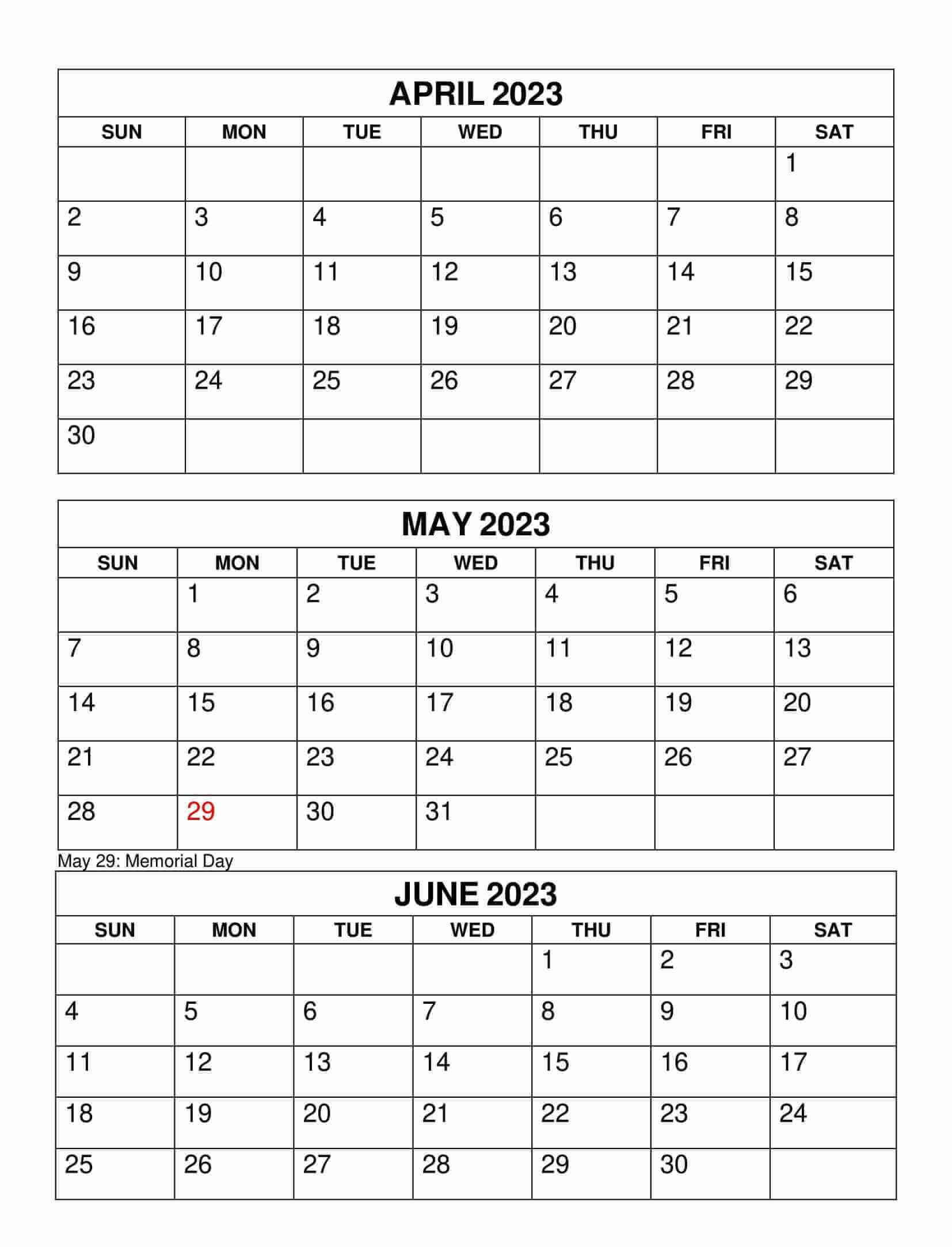 April to June 2023 Calendar with Holidays