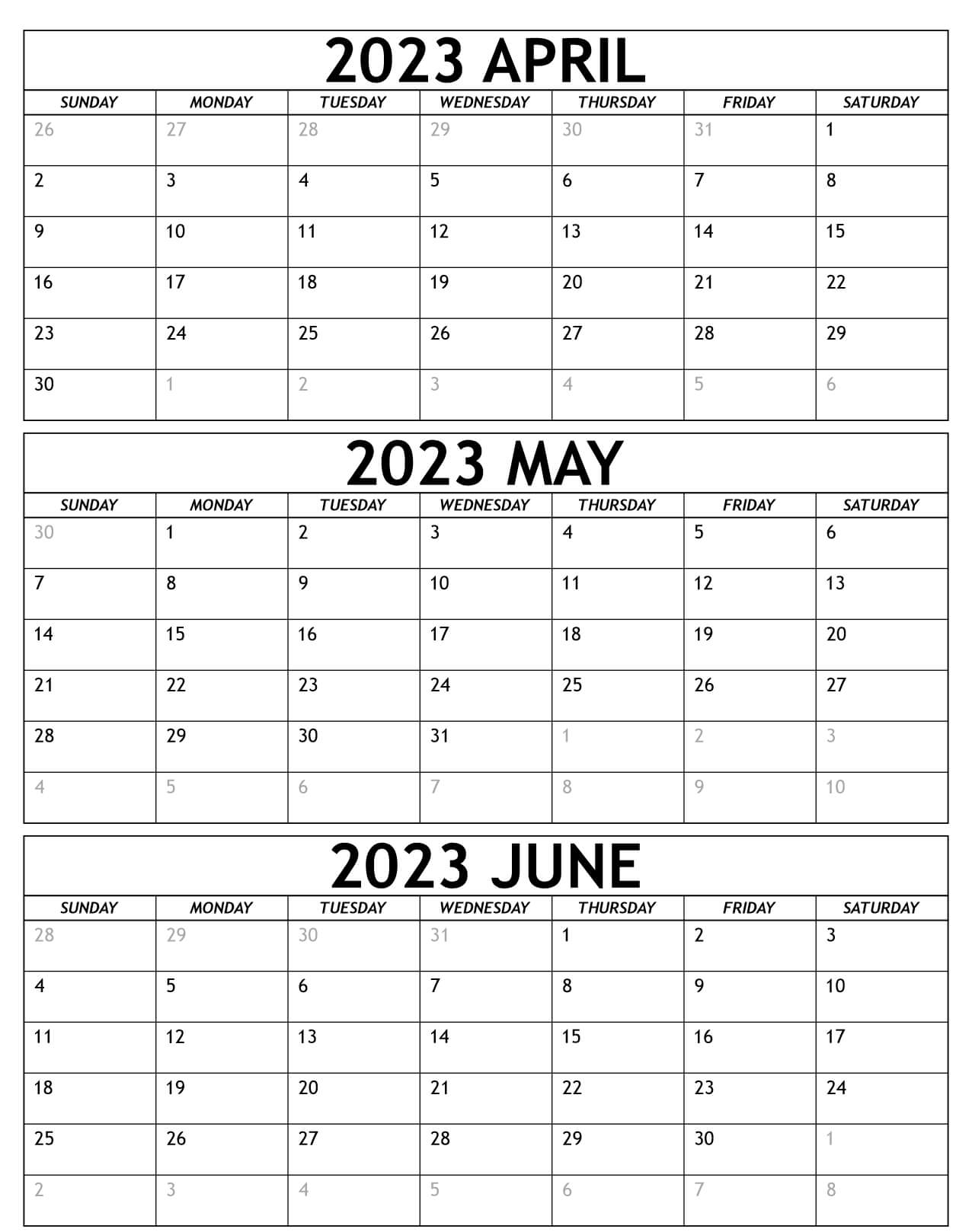 April to June 2023 Calendar
