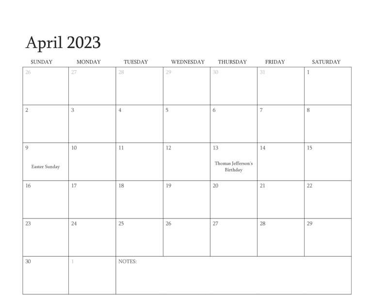 Blank April 2023 Calendar With Notes