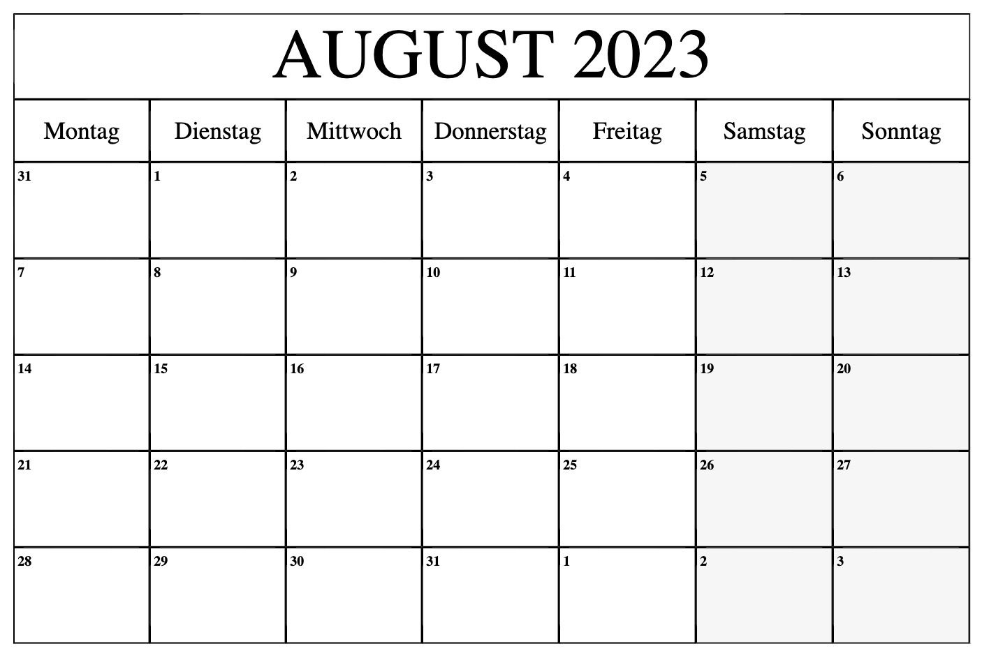 August 2023 Kalender zum Ausdrucken