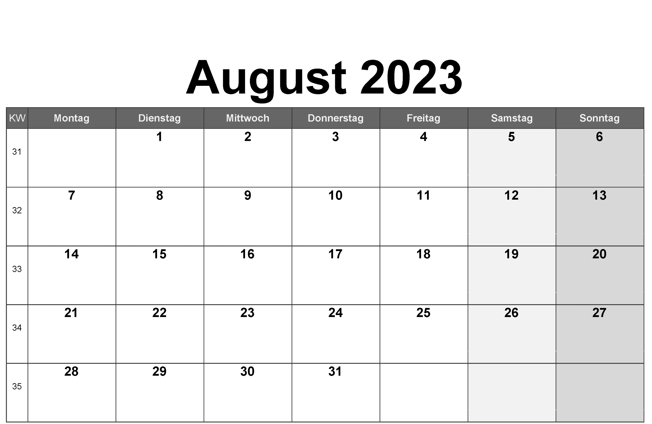 August 2023 Kalendervorlagen zum Ausdrucken