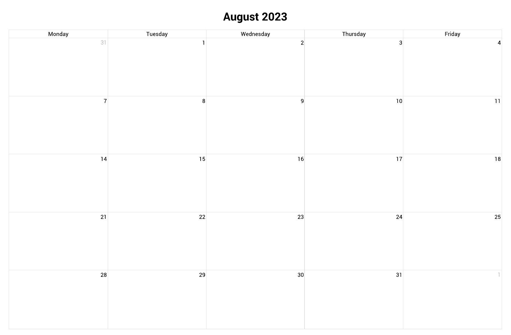 August-Kalender mit Feiertagen und Platz für Notizen zum Ausdrucken