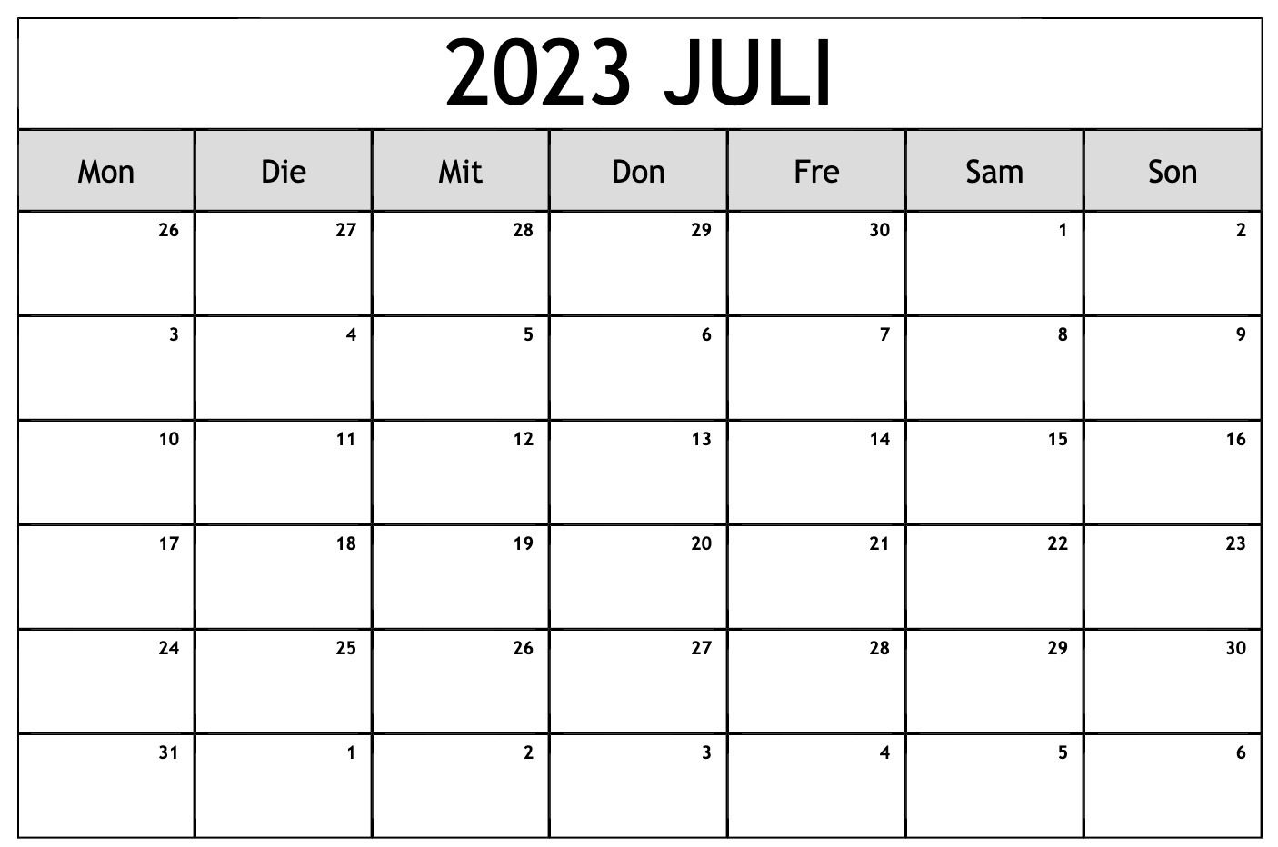 Bearbeitbare Vorlagen für den Juli-Kalender 2023