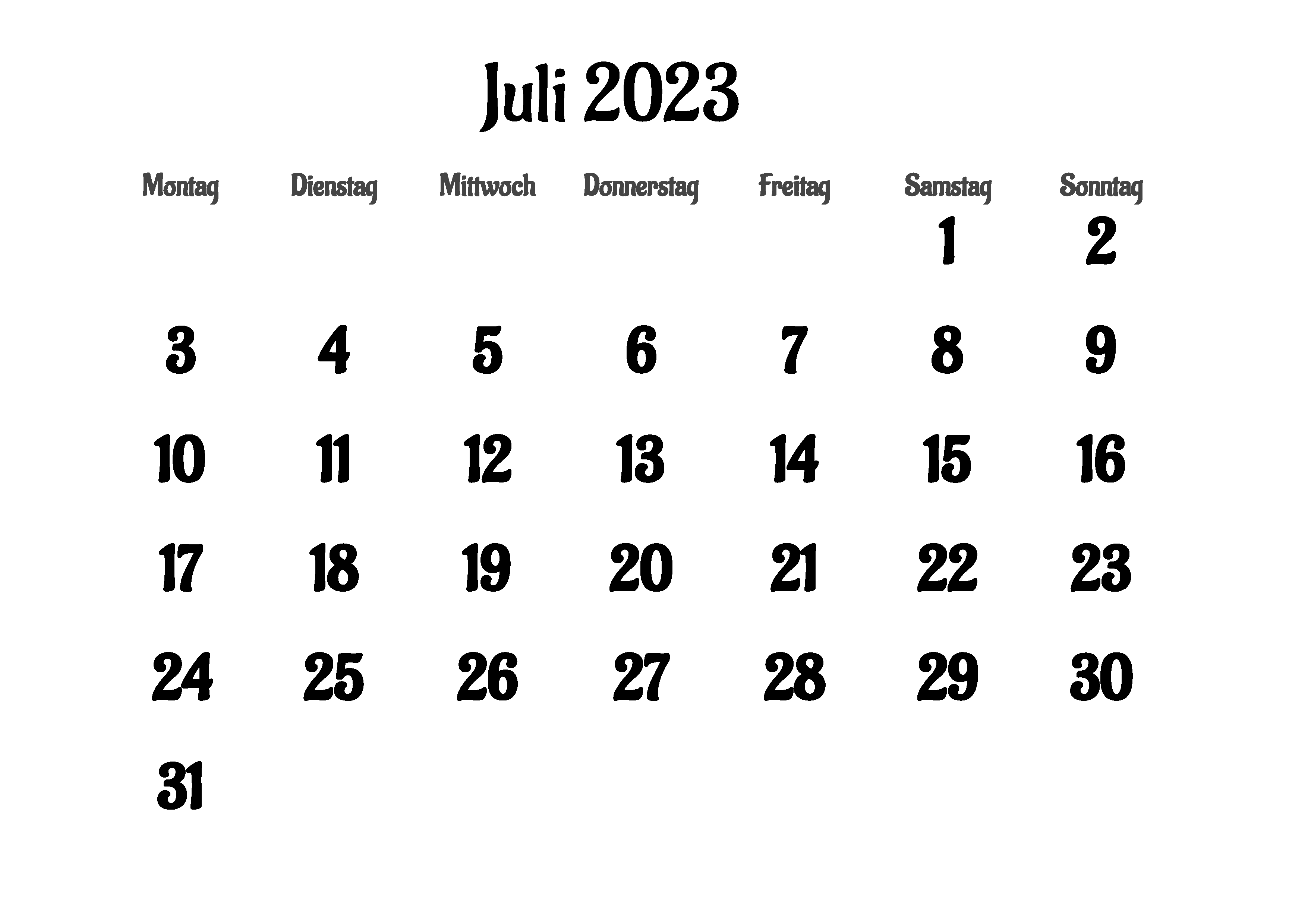 Bearbeitbarer Kalender Juli 2023