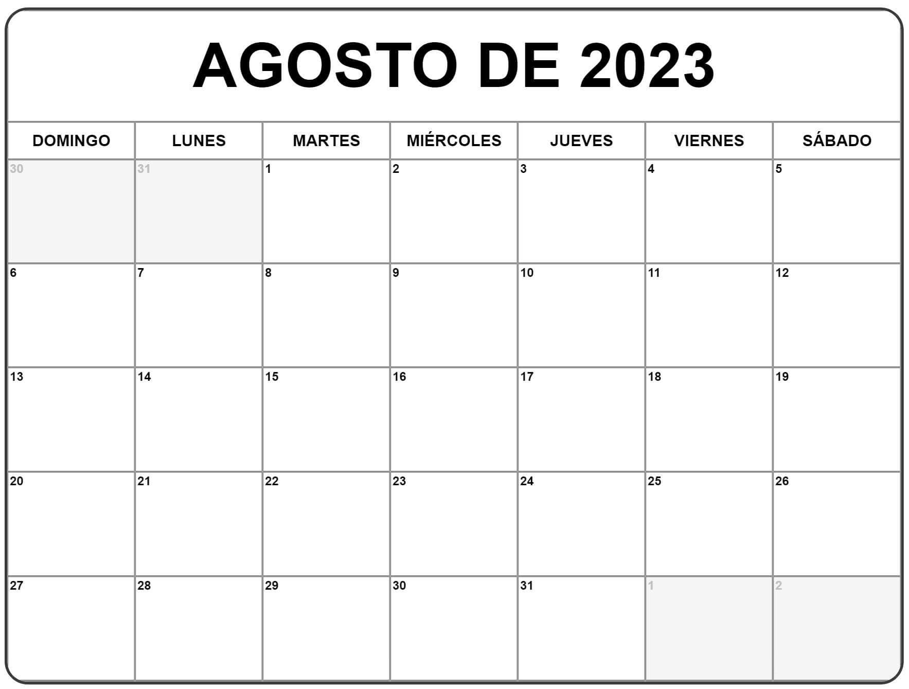 Calendario Agosto 2023 para imprimir gratis
