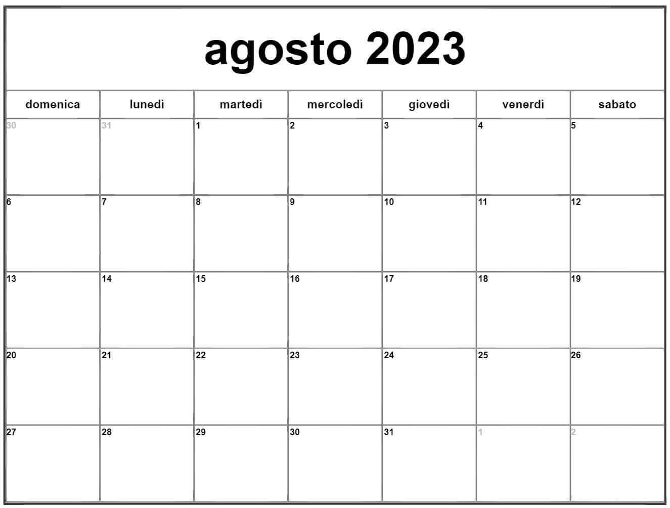 Calendario en blanco de agosto de 2023