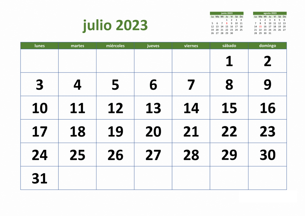 Calendario julio 2023 con festivos