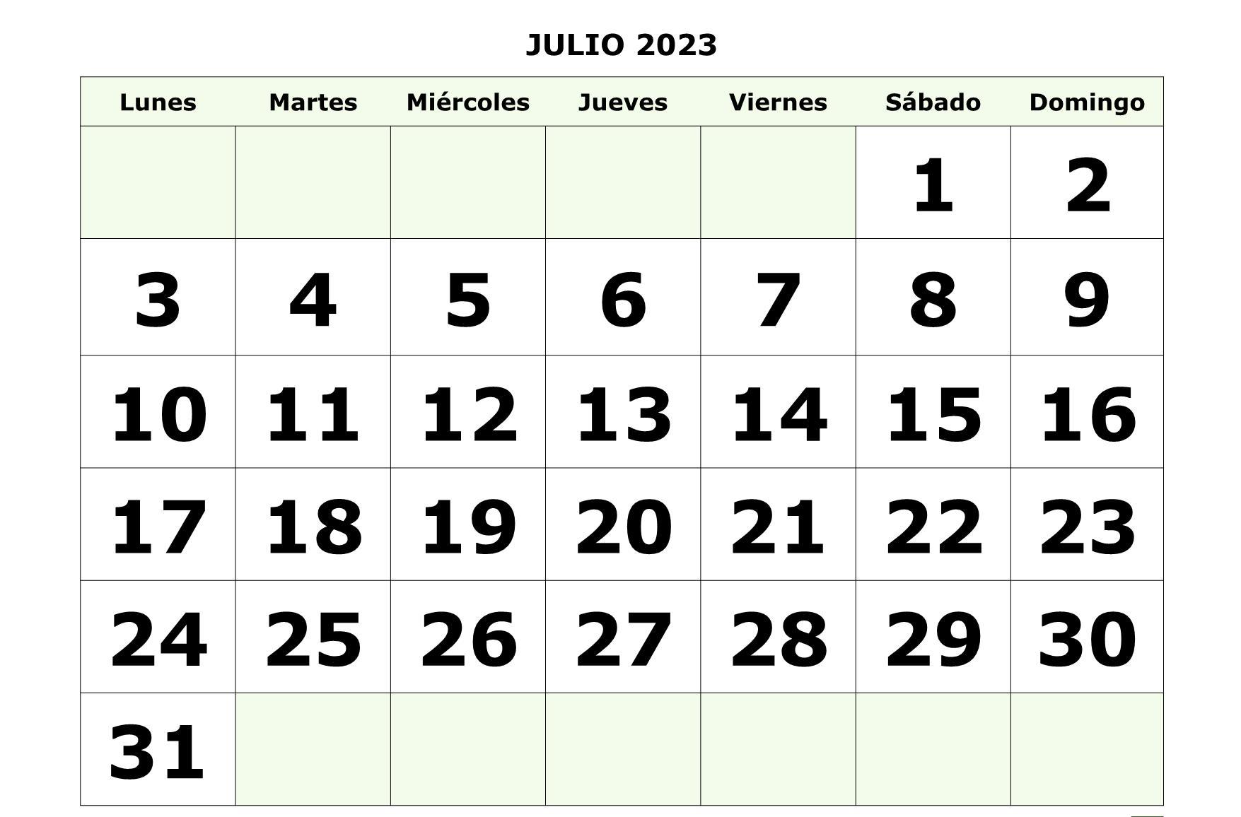 Calendario julio 2023 para decorar
