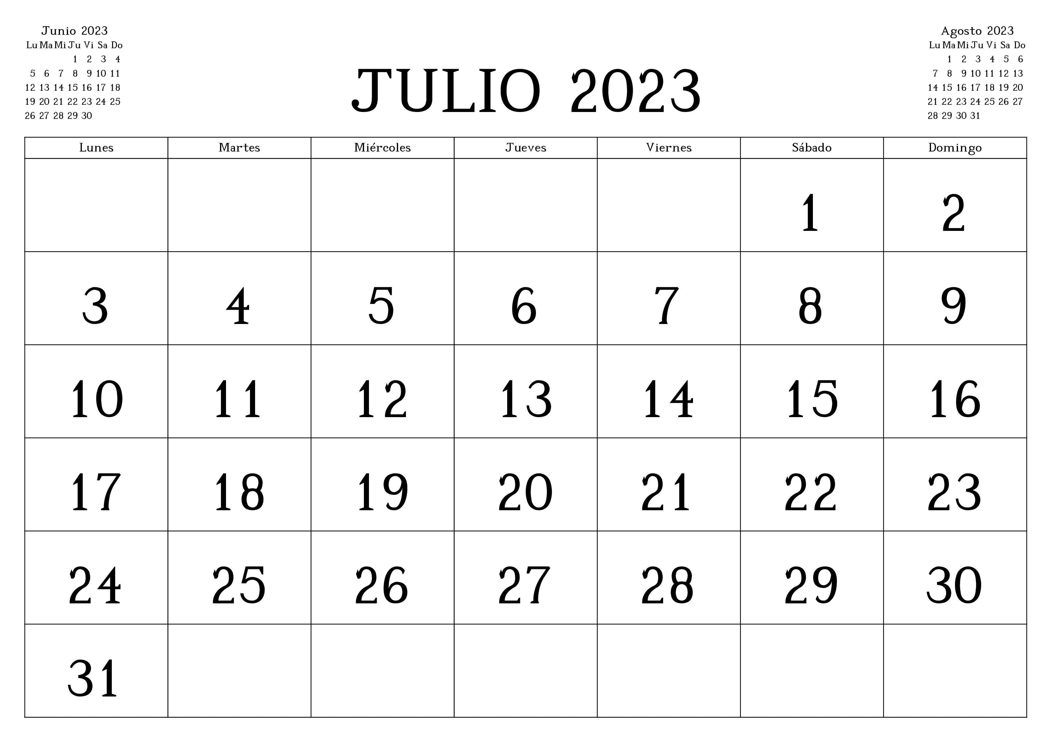 Calendario julio 2023 para imprimir