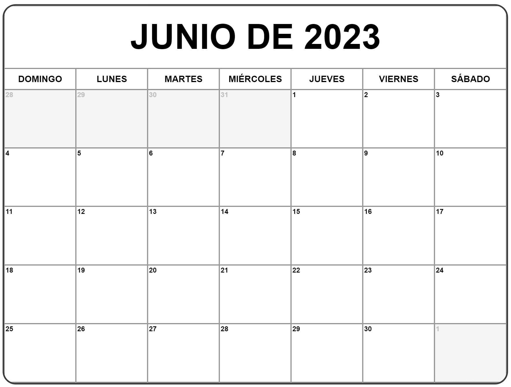 Calendario junio 2023 editable para imprimir