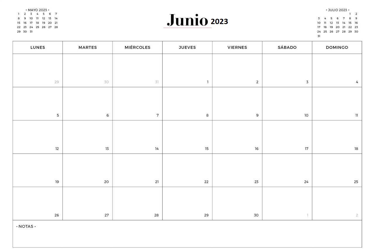 Descargar plantilla de calendario junio 2023 gratis