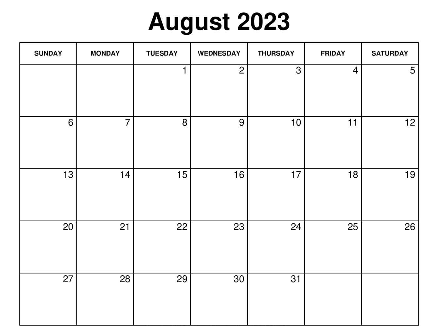 Druckbarer August 2023 Kalender für Schule, Arbeit und Freizeit