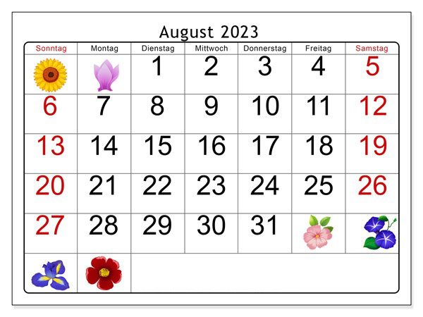 Druckbarer August 2023 Kalender für Schule, Arbeit und Freizeit