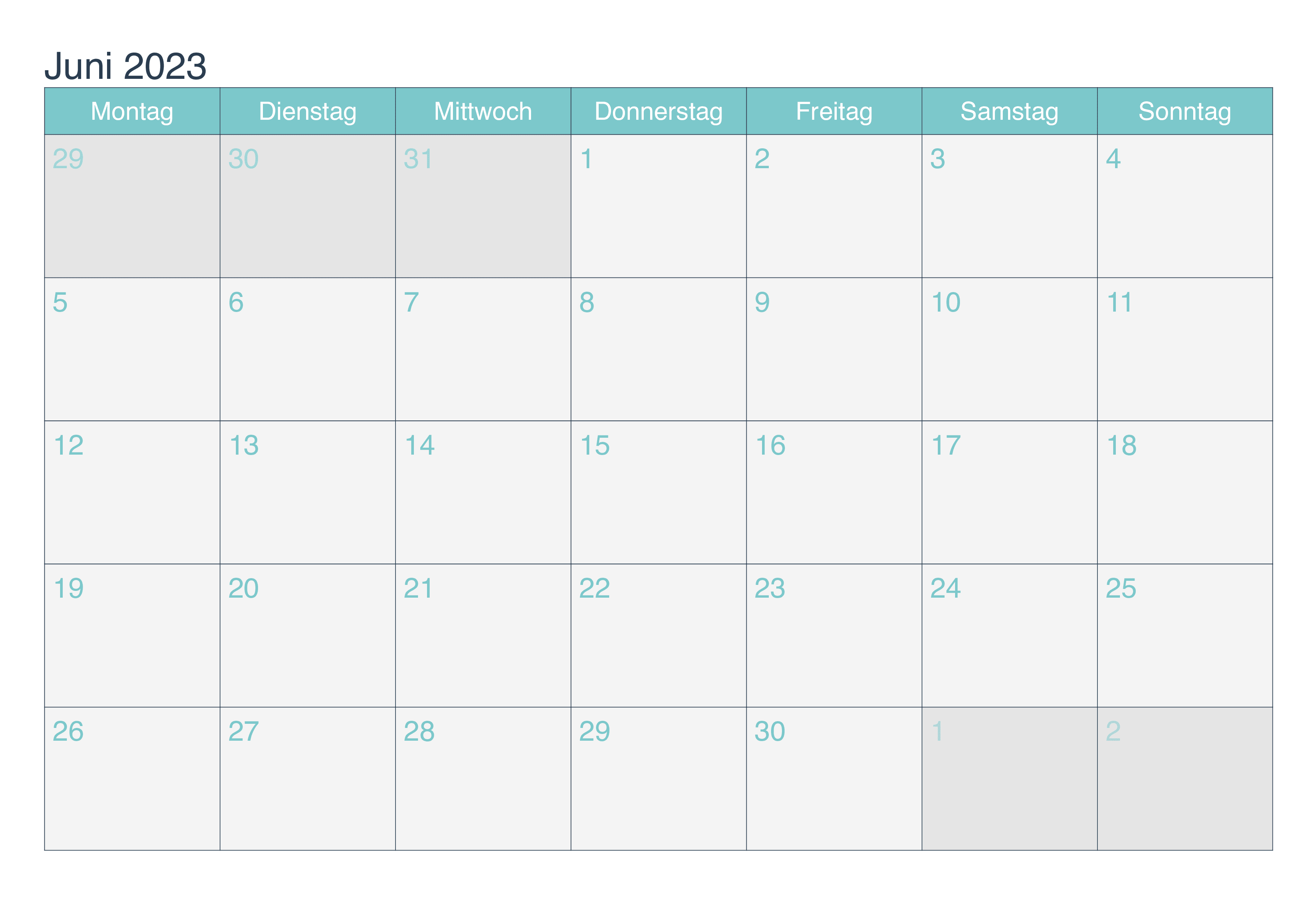 Editierbarer Kalender Juni 2023 zum kostenlosen Download