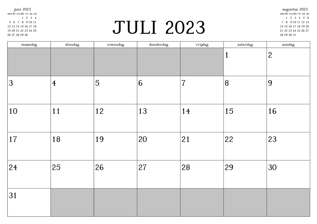 Juli Kalender 2023 Vorlagen