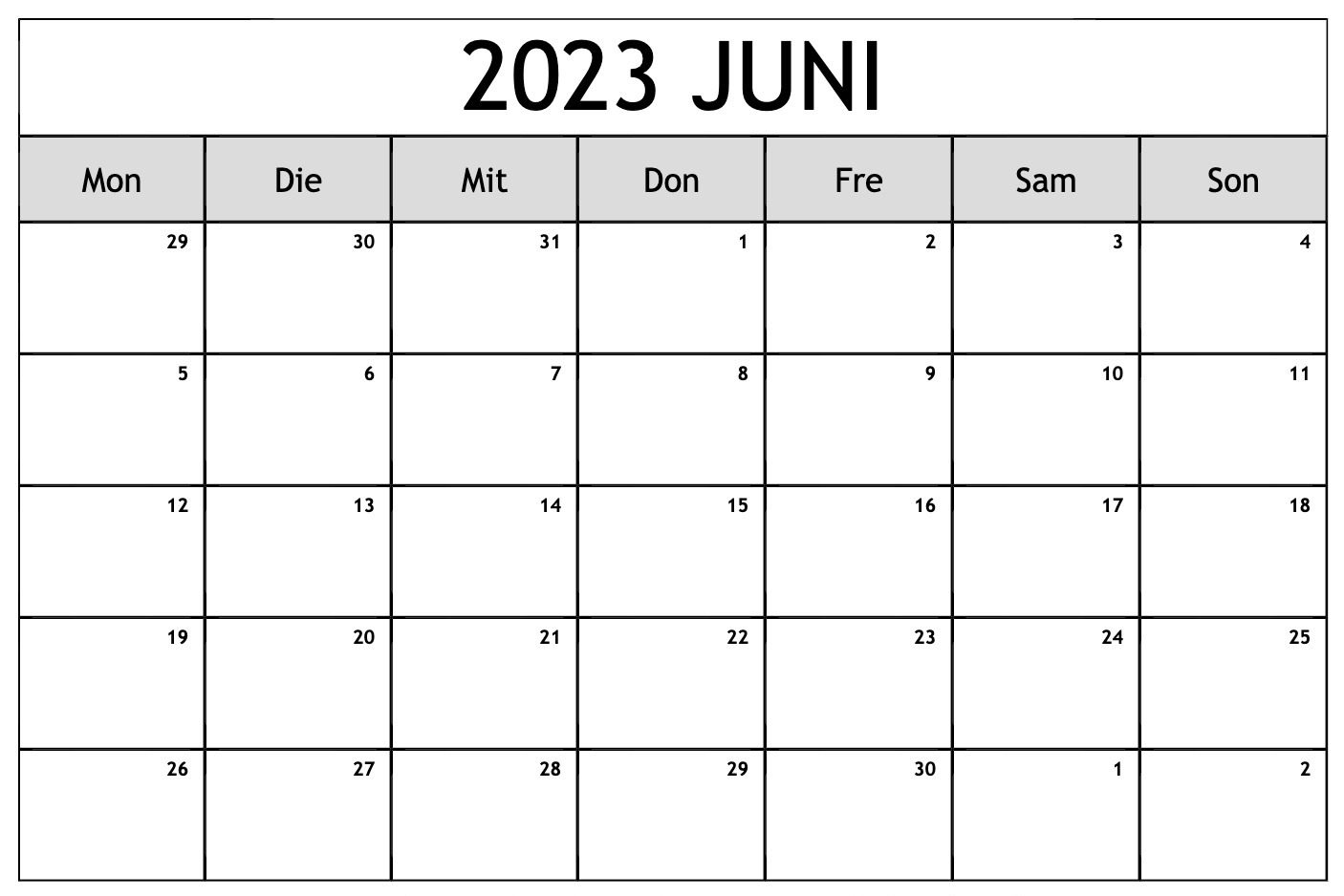 Kalender Juni 2023 kostenlos herunterladbar
