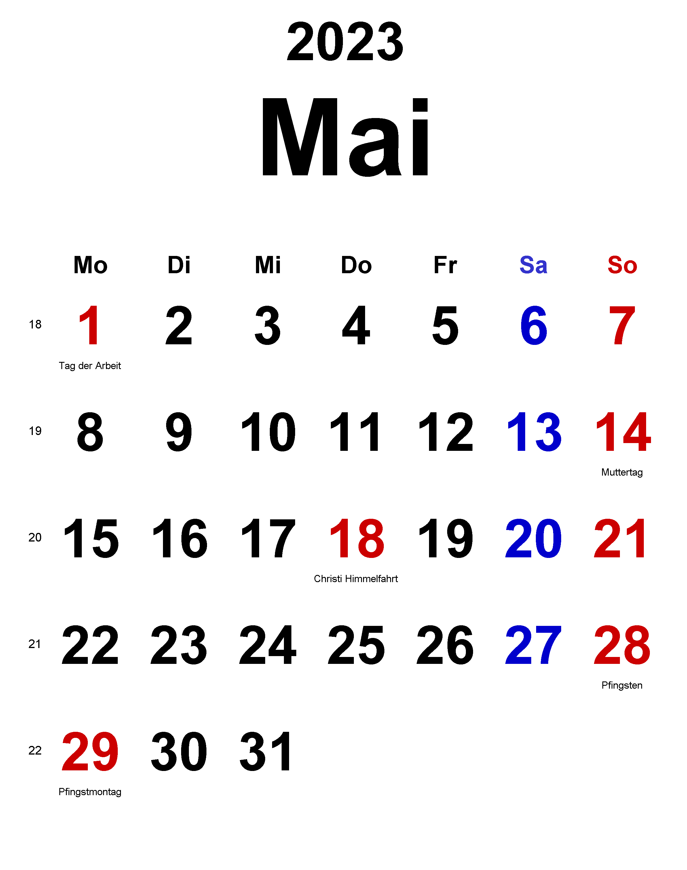 Kalenderblatt Mai 2023 zum Ausdrucken