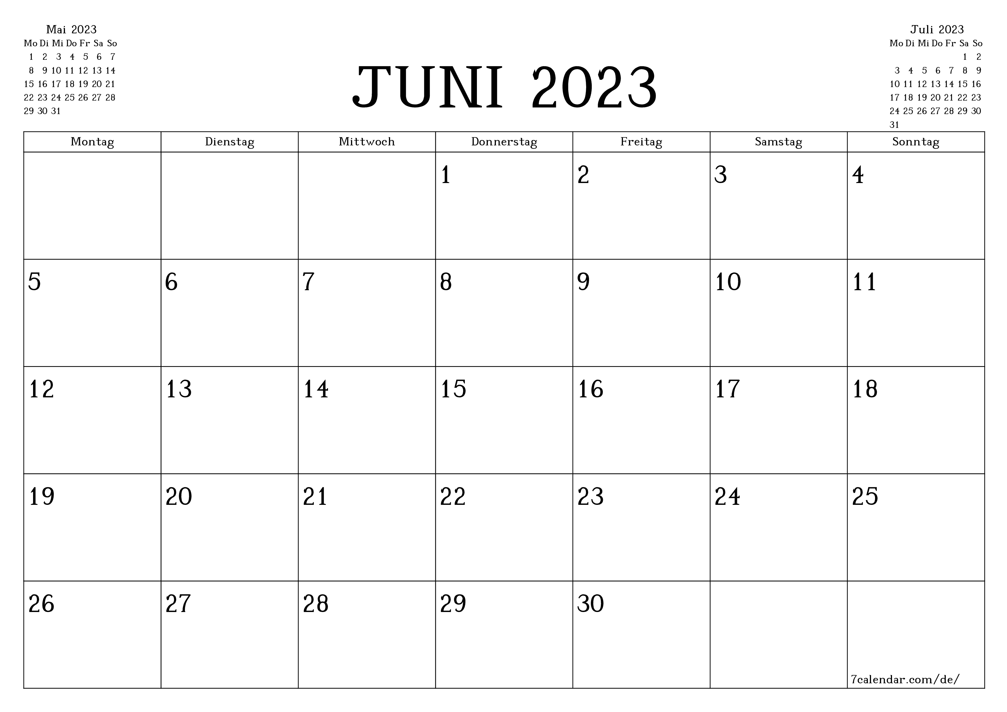 Kostenlos druckbare Kalendervorlage Juni 2023