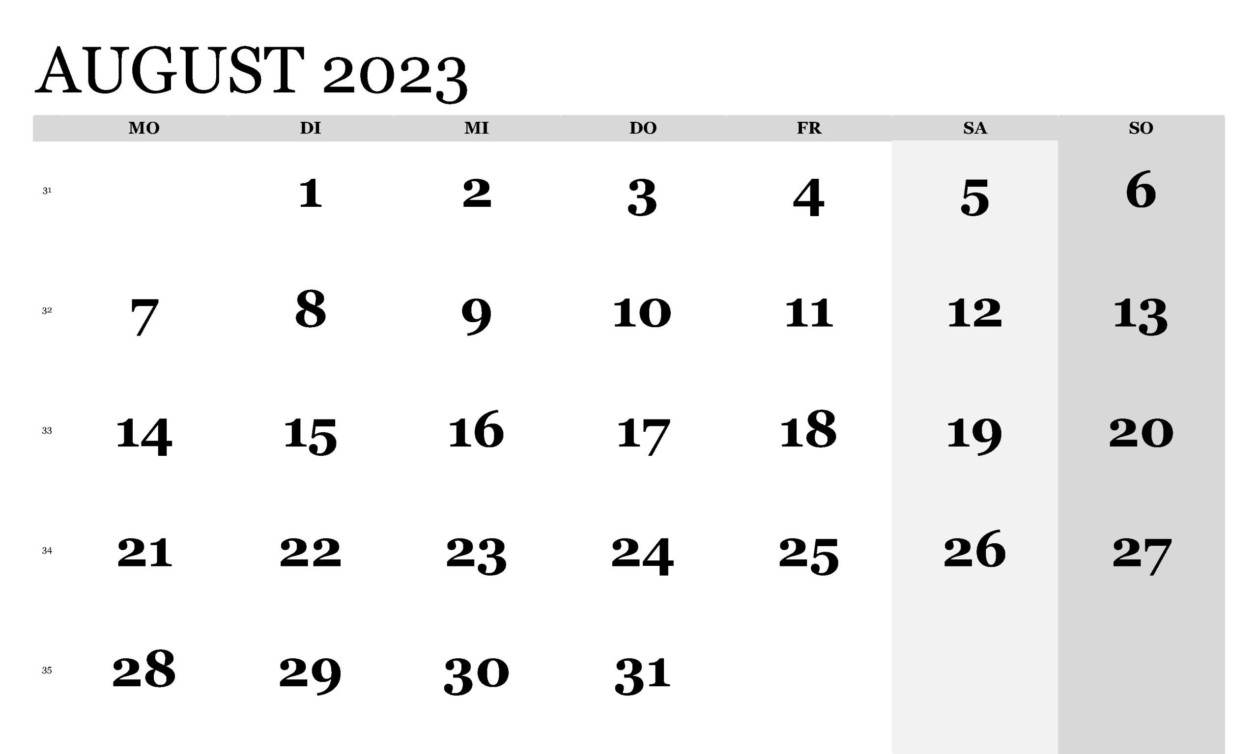 Kostenlos druckbarer Kalender für August 2023