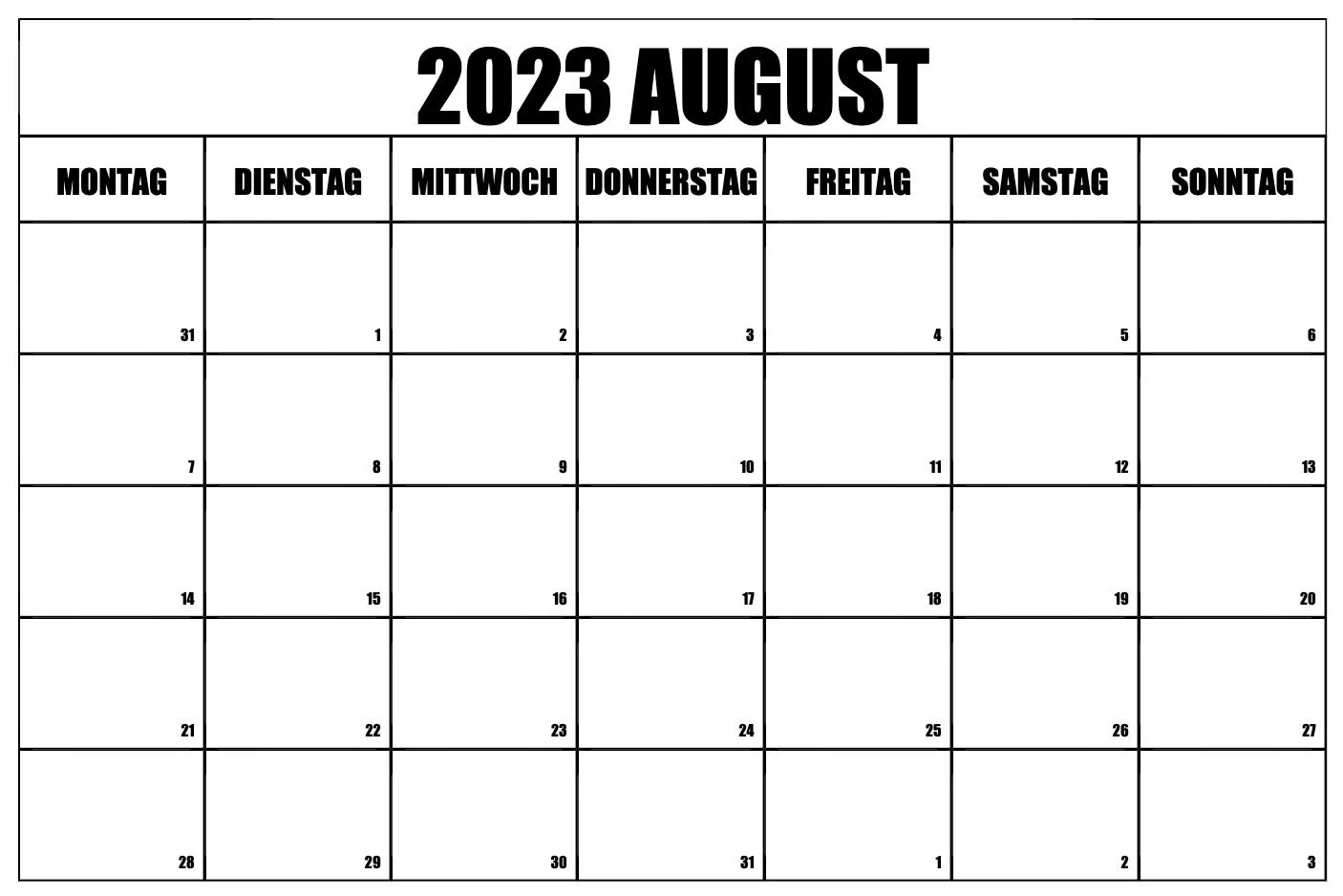 Kostenloser Kalender August 2023 zum Herunterladen