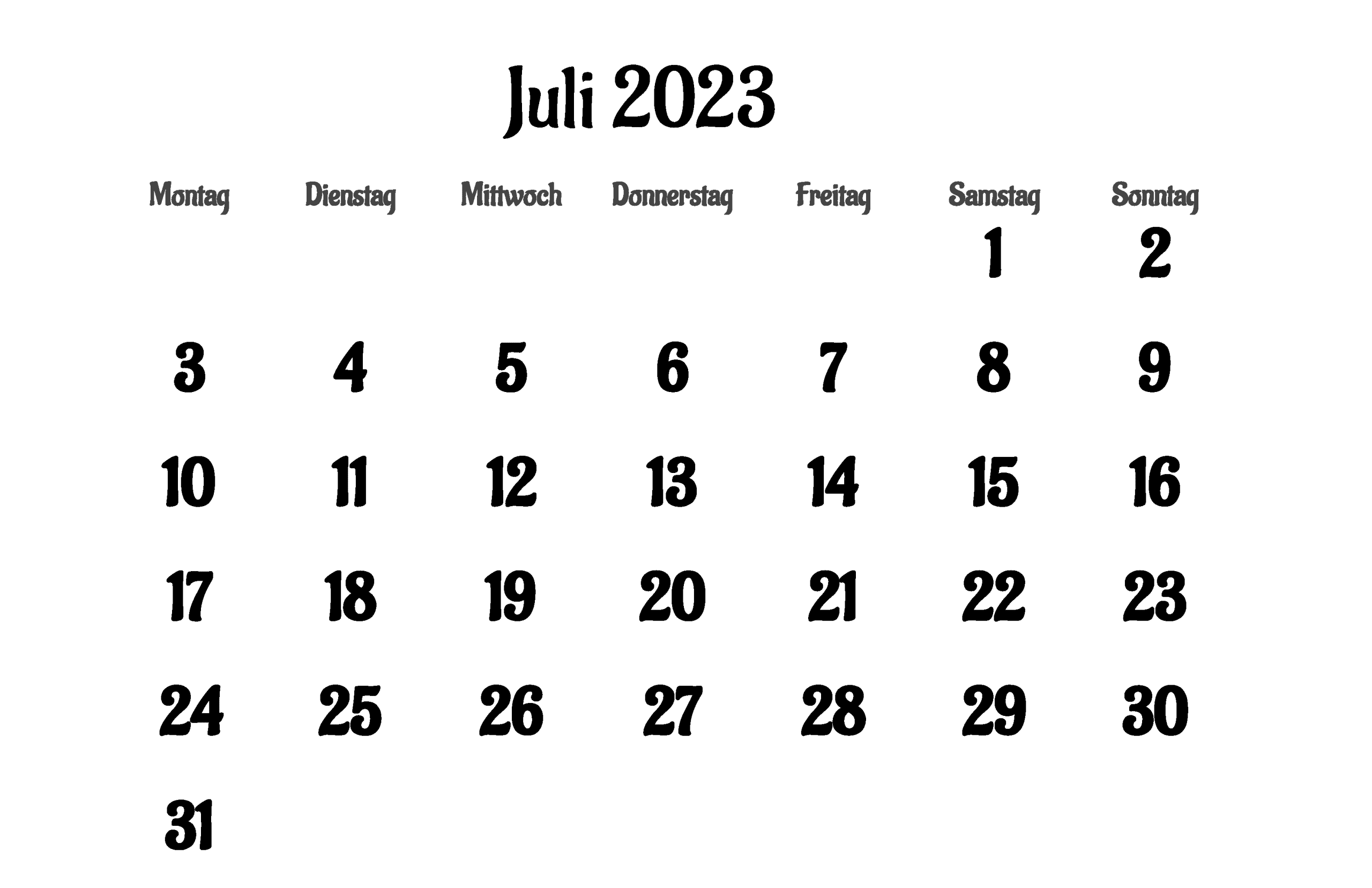 Kostenloser druckbarer Juli-Kalender 2023