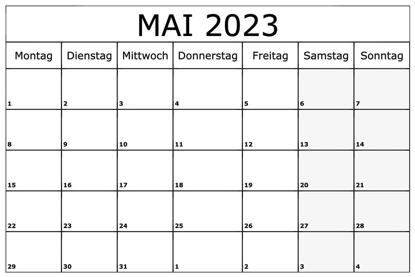 Kostenloser druckbarer Kalender für den Monat Mai 2023