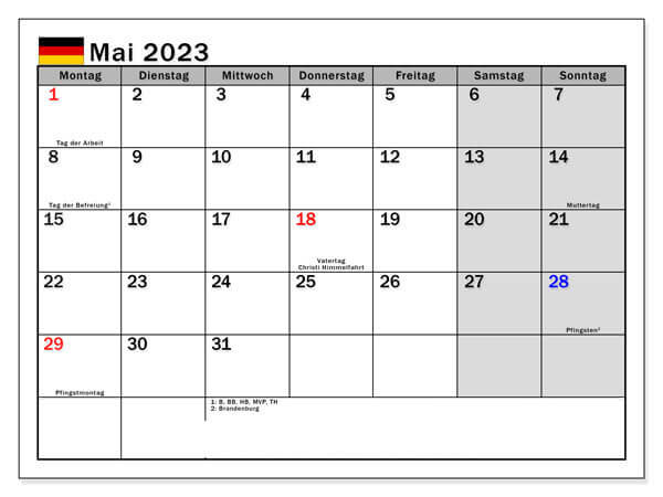 Leer- und Feiertagskalender für Mai 2023