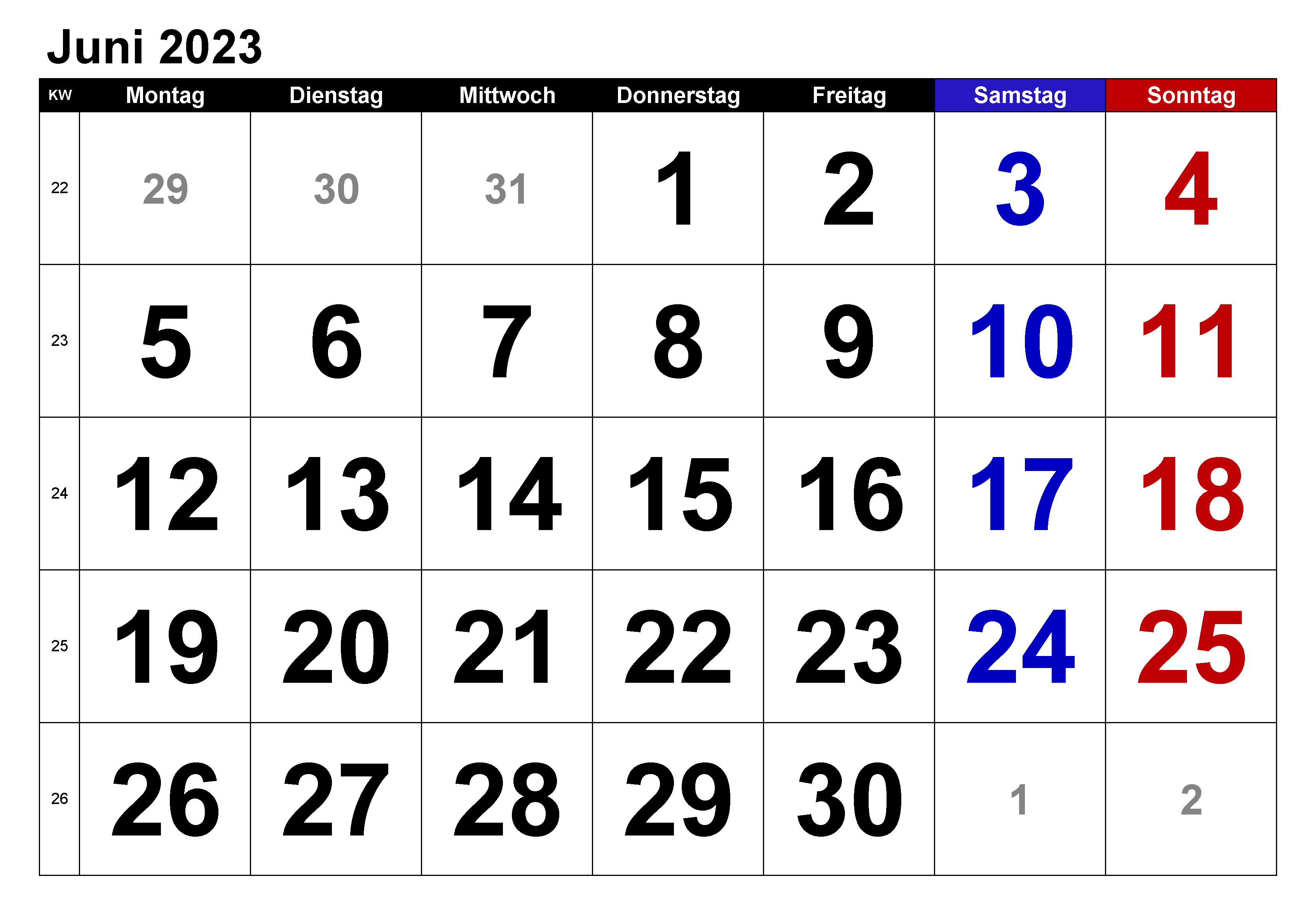 Leerer Juni 2023-Kalender für benutzerdefinierte Planung
