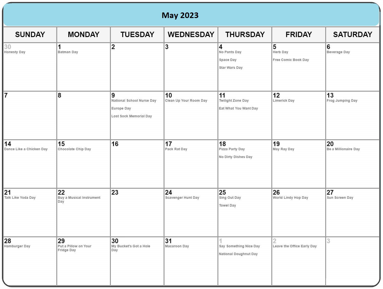 May 2023 Calendar Holidays with Dates