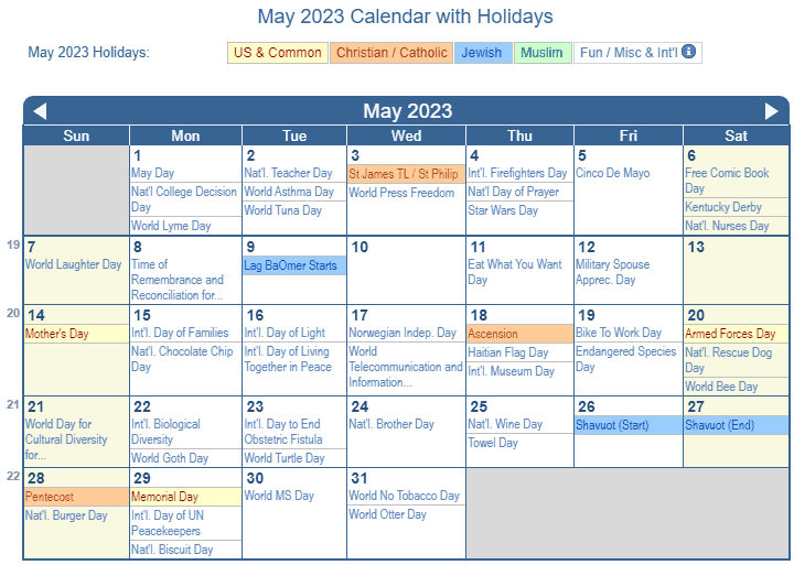 May 2023 Holidays
