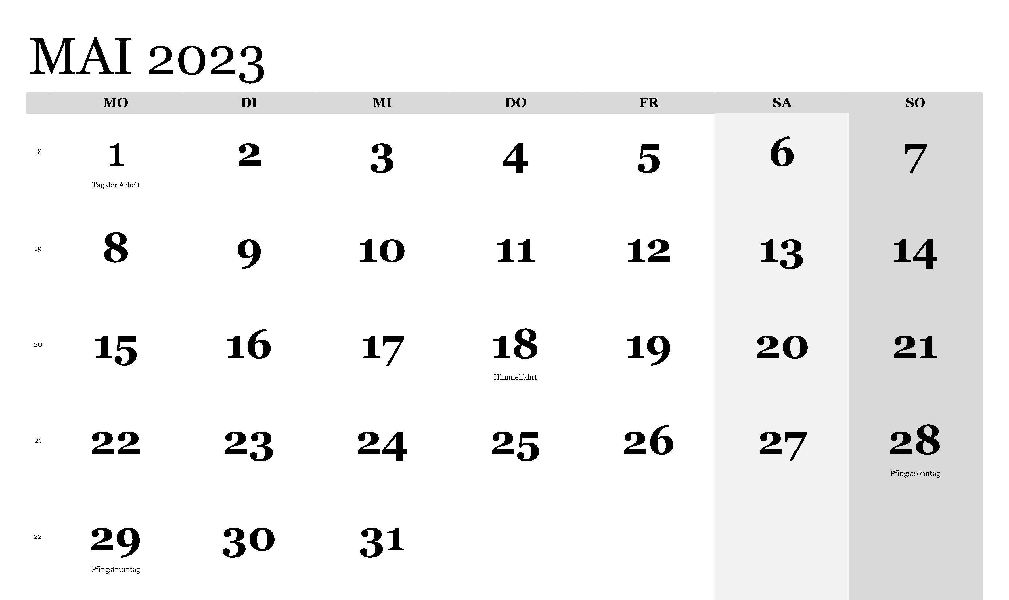 Minimalistischer Kalender für Mai 2023