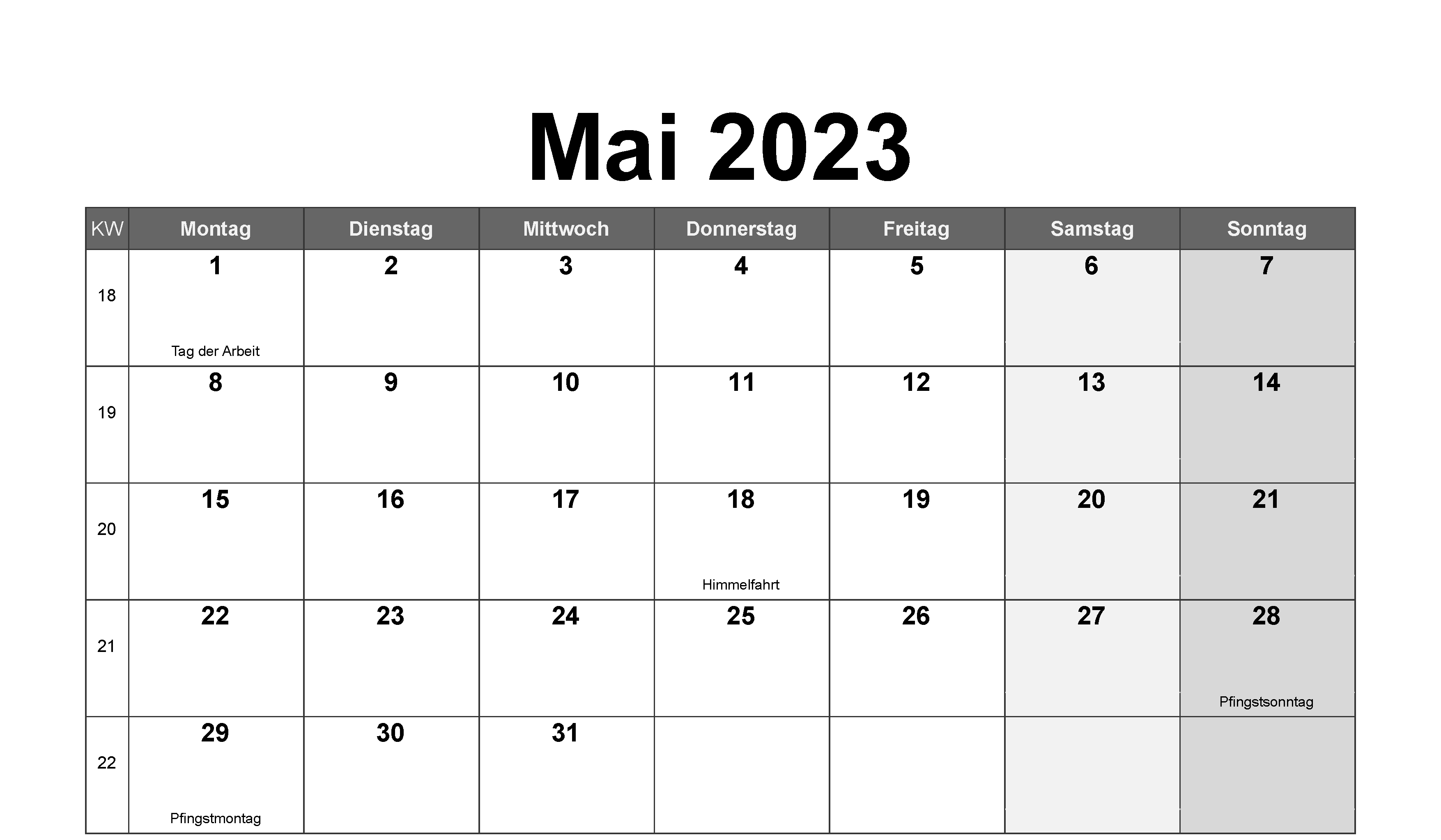 Monatskalender zum Ausdrucken im Mai 2023