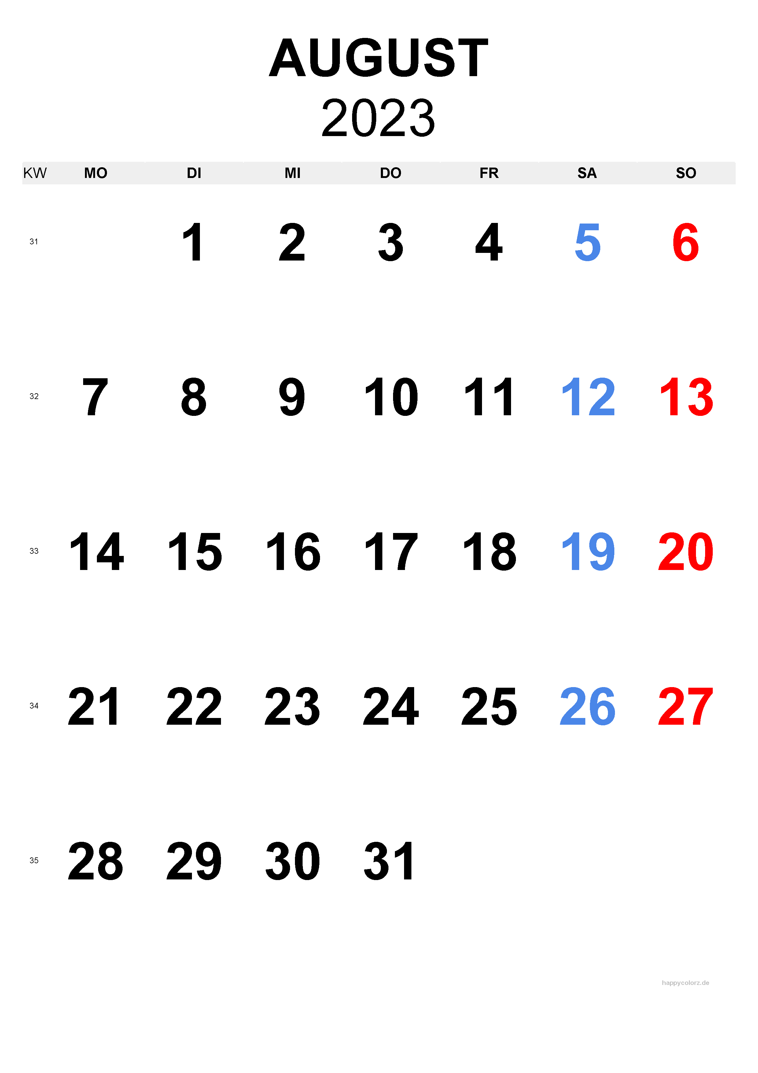 Personalisierbare August 2023 Kalendervorlagen