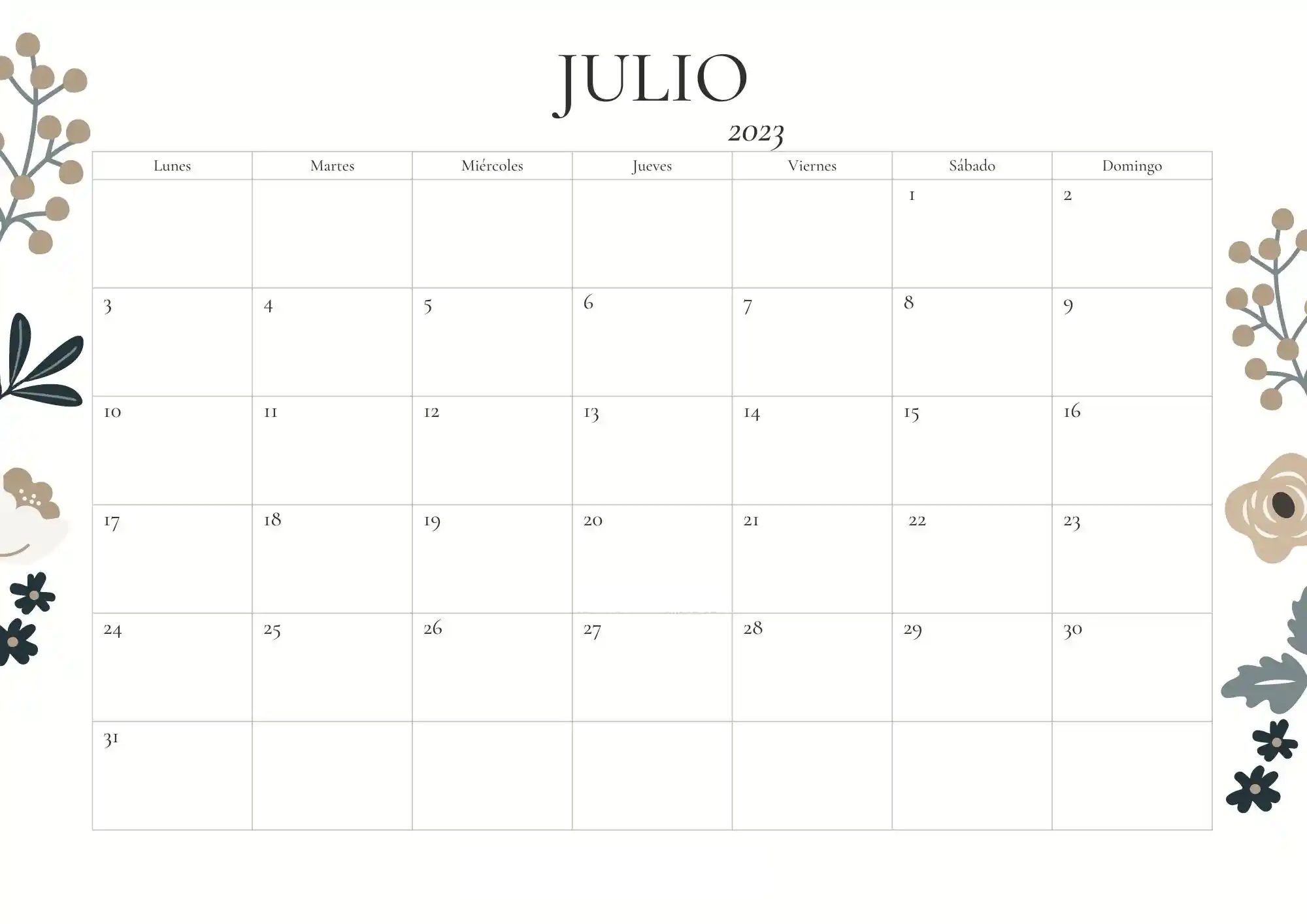 Plantilla de calendario julio 2023 con notas