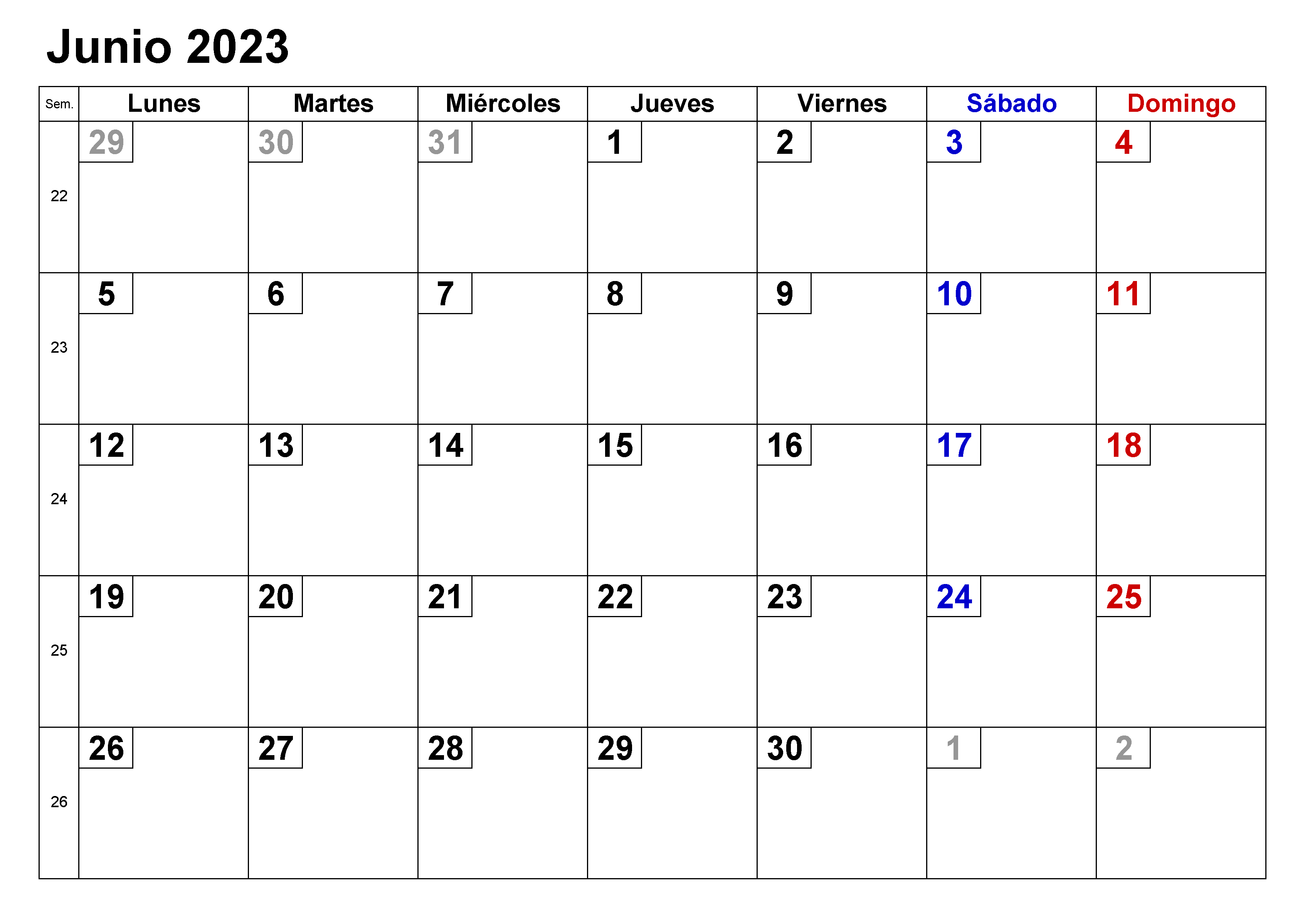Plantilla de calendario junio 2023 en formato retrato