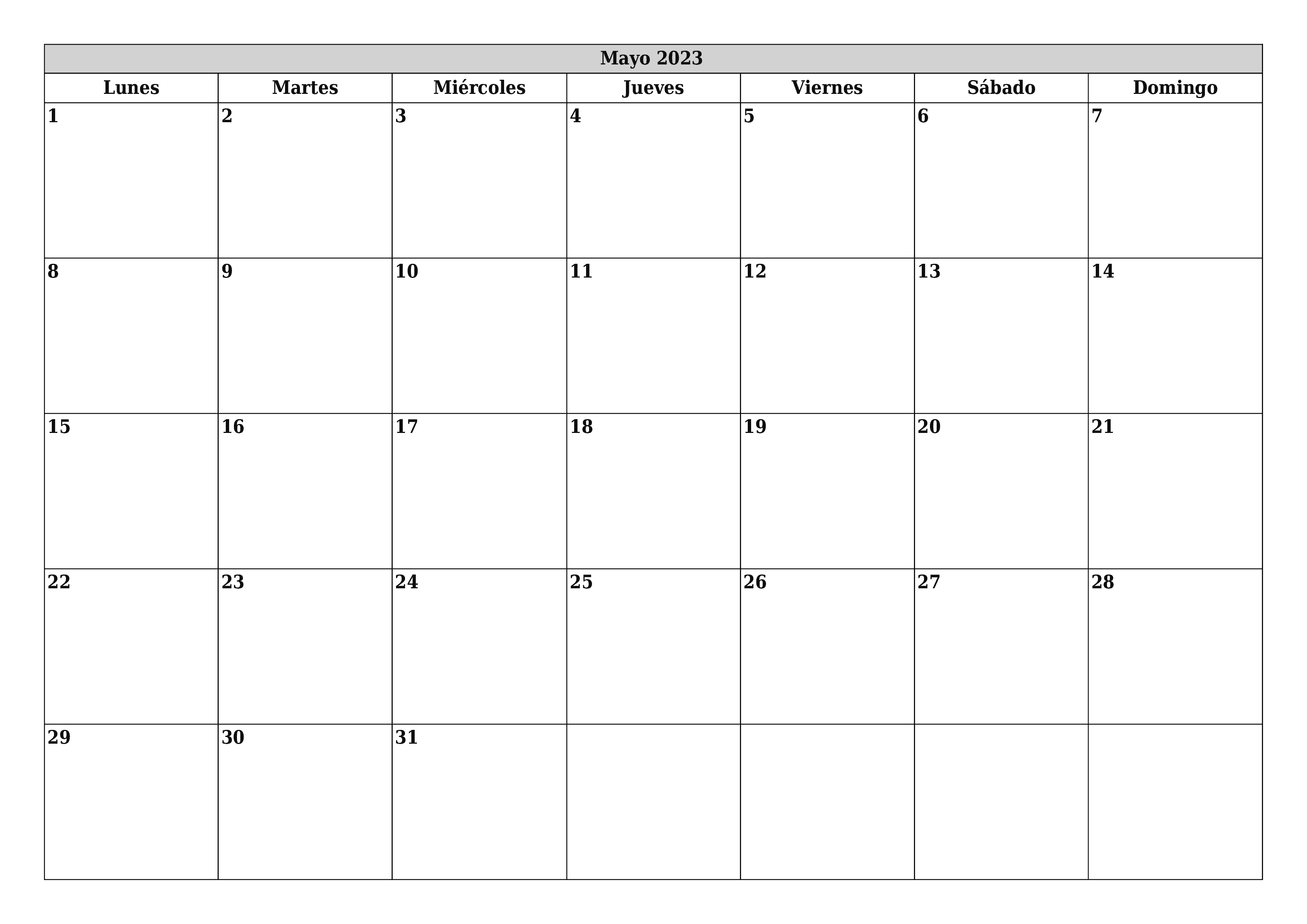 Plantilla de calendario mensual de mayo de 2023 para imprimir