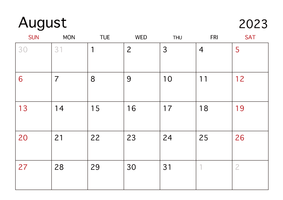 Plantillas de Calendario Agosto 2023 con espacio para notas