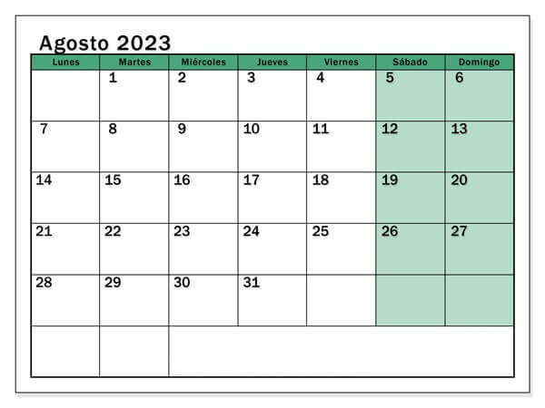 Plantillas de Calendario Agosto 2023 con feriados