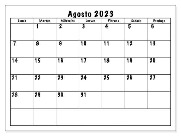 Plantillas de Calendario Agosto 2023 imprimibles gratis