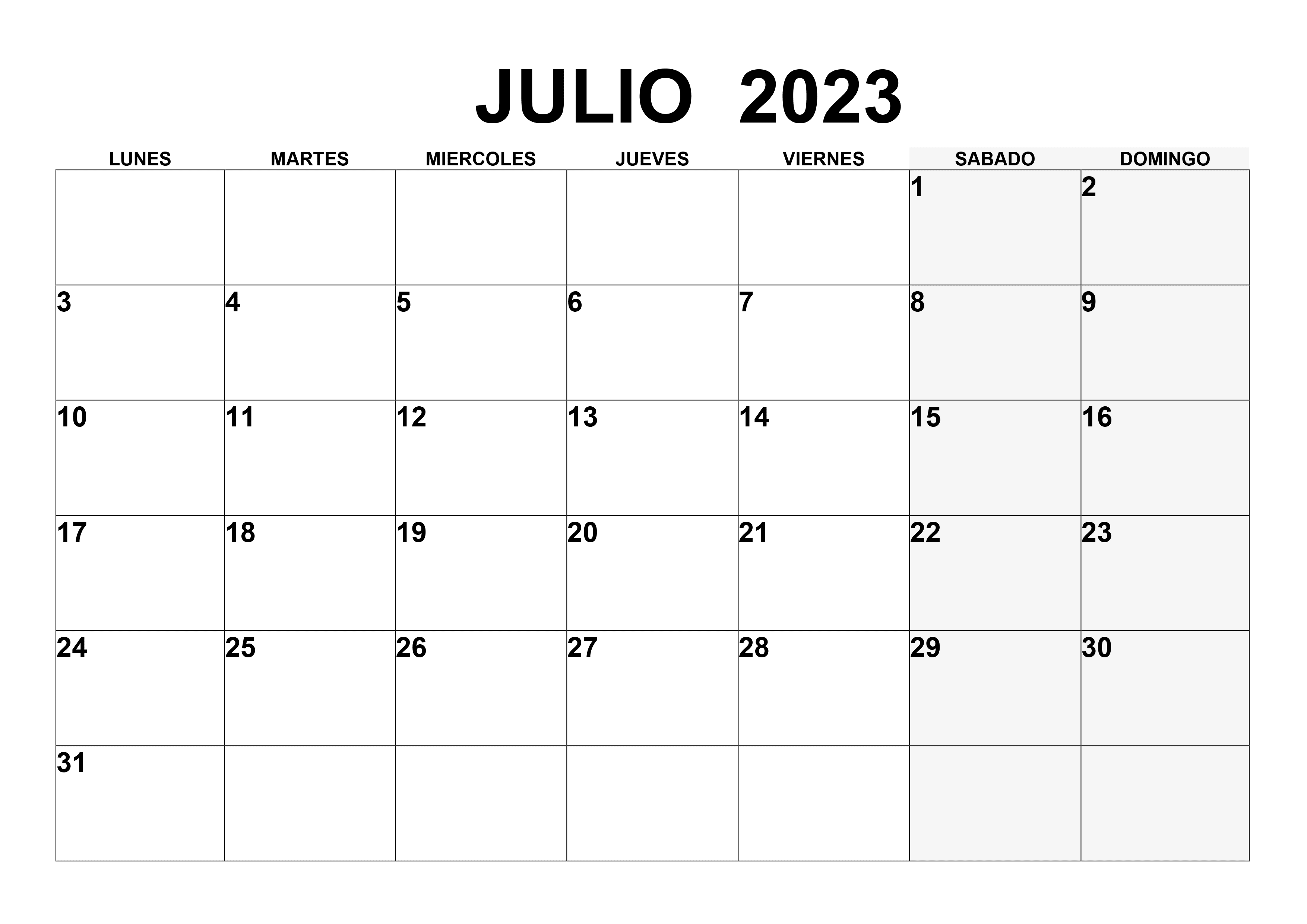 Plantillas de calendario julio 2023 en blanco