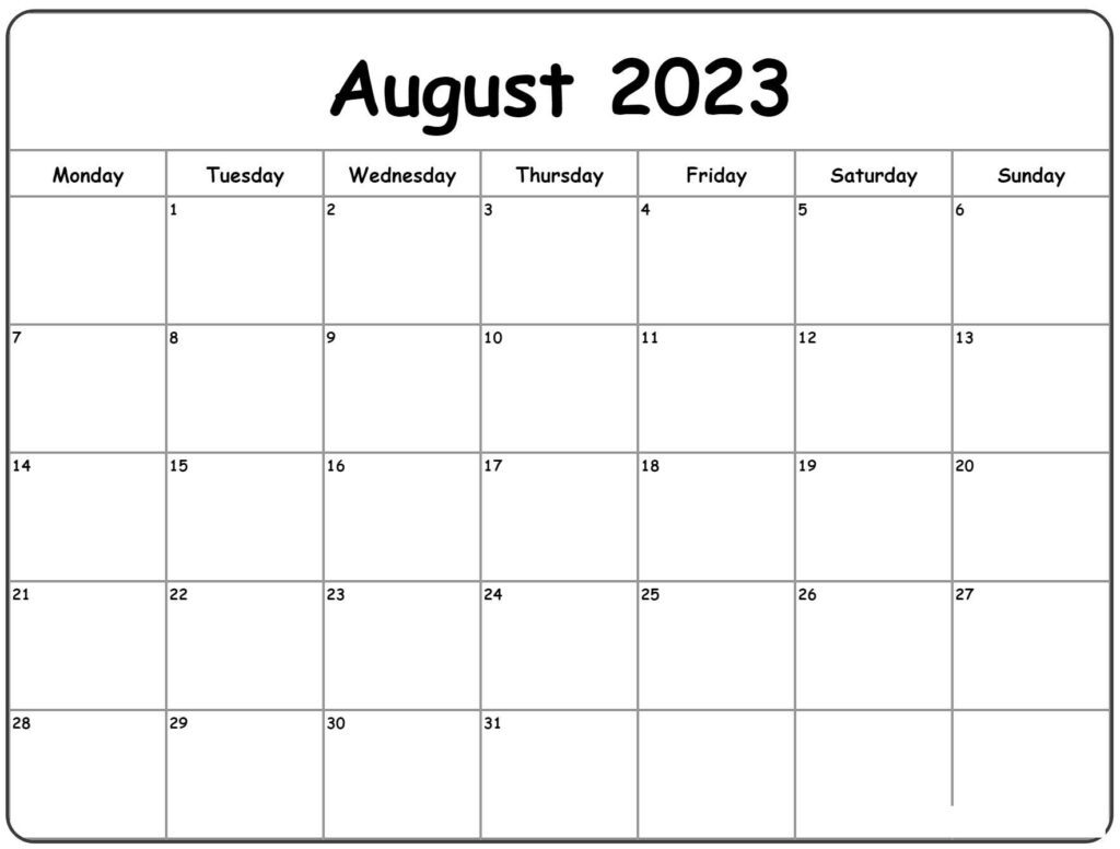 Übersichtliche Monatskalender für August 2023