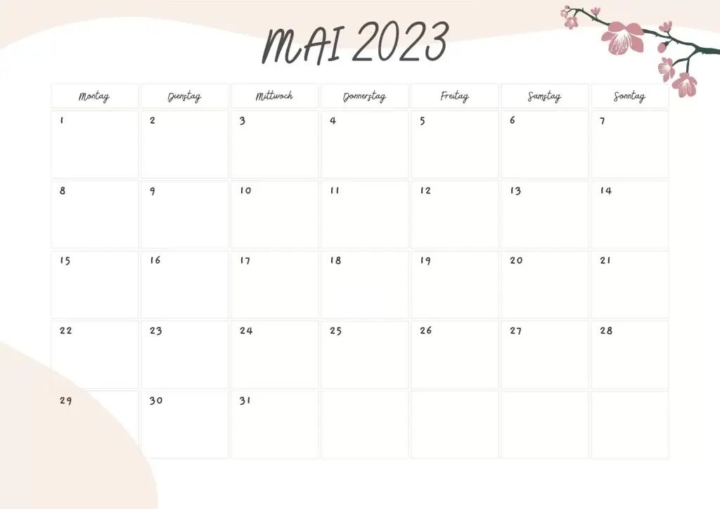 Wochenkalender für Mai 2023 zum kostenlosen Download