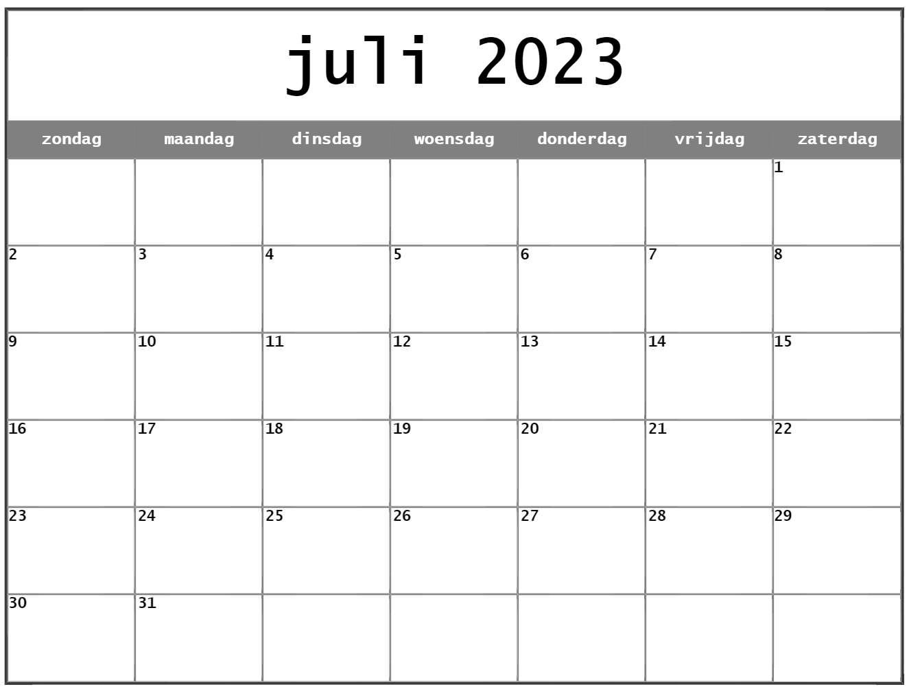 juli 2023 kalender Nederlandse