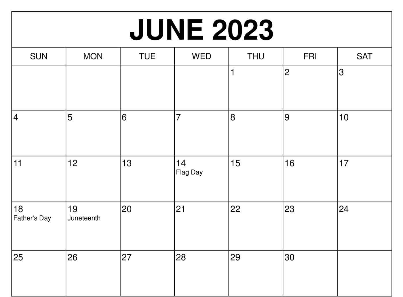 Blank June 2023 Fillable Calendar