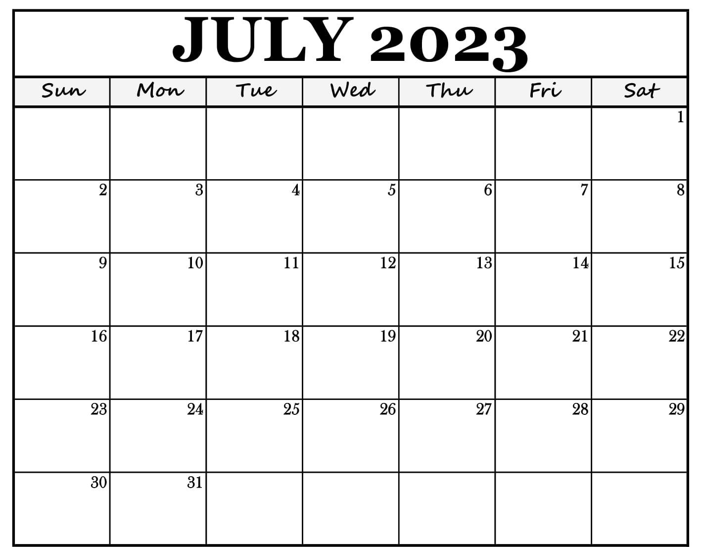 Calendar for July 2023 Excel to Print
