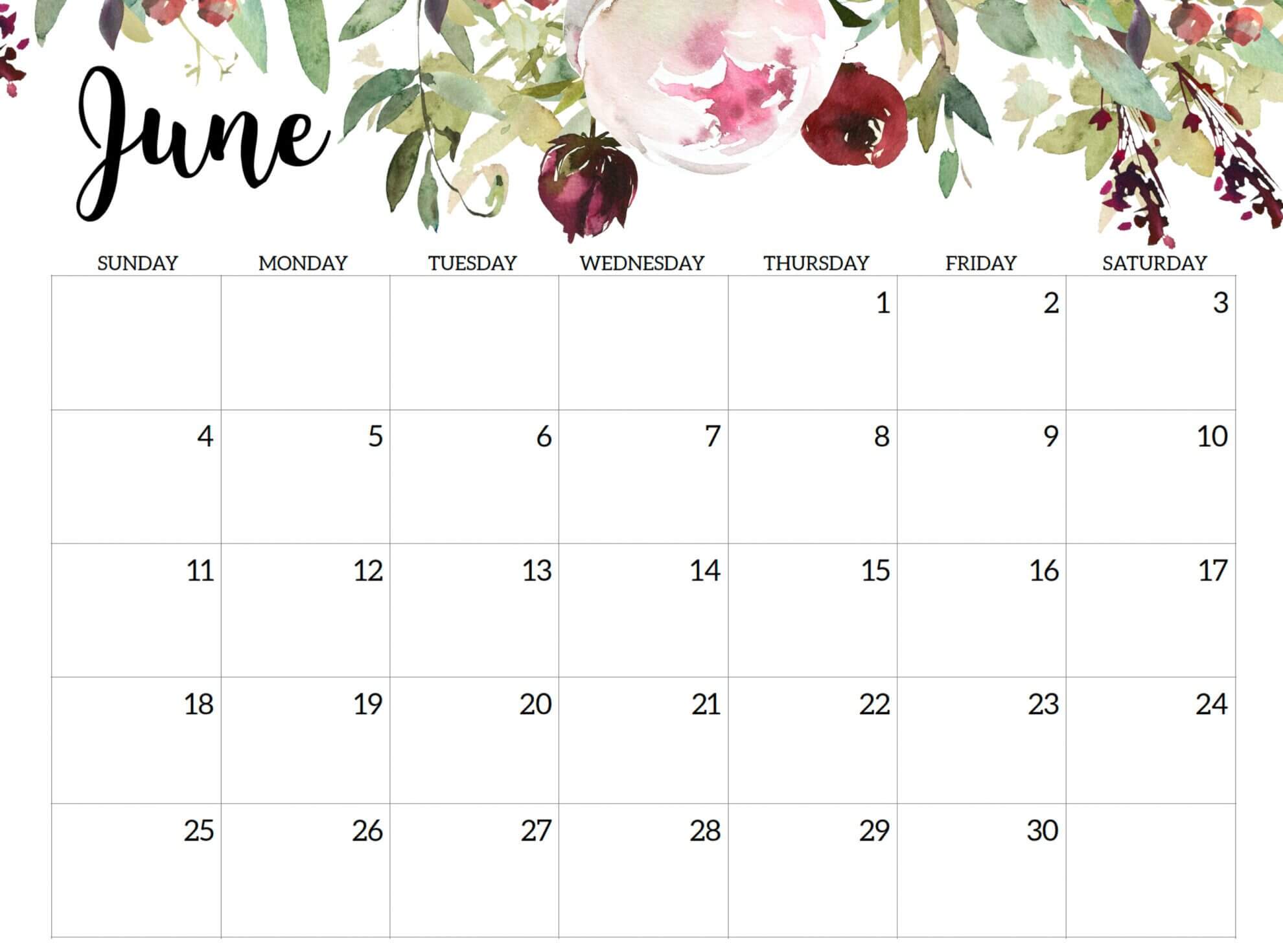 Cute June 2023 Horizontal Floral Calendar
