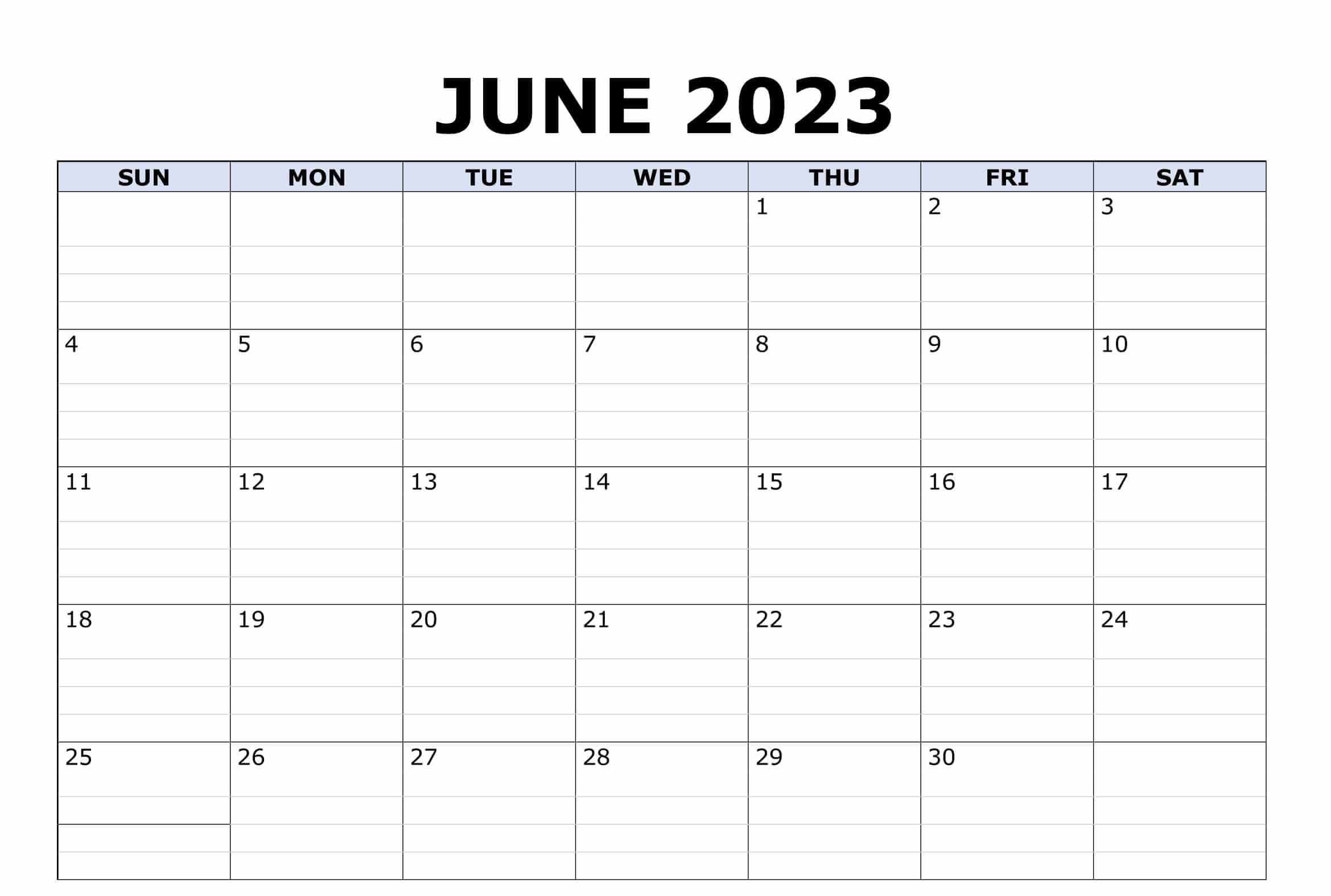 Editable June 2023 Calendar Grid lines